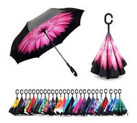 NNY Inc Paraguas invertido de doble capa para coches y coches, plegable, resistente al viento, gran parado al revés, paraguas recto para golf mujeres y hombres con forma de C (flores rosas)