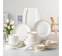 NNYCC Juego de Cena 28 Piezas Para Personas Plato Y Cuenco De Porcelana Juego De Cena De Pintado A Mano Con Borde Dorado En RelieveSencillo Y LujosoApto Para Lavavajillas blanca 28 piece set