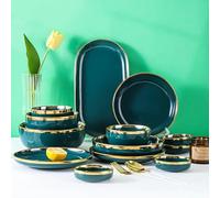 NNYCC Juego de vajilla de 12 piezas. Juego combinado de vajilla de porcelana pintada a mano con borde dorado para crear un ambiente luminoso y lujoso Color verde,12 piece set