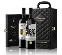 «No cobro por lo que hago cobro por lo que sé» Mensaje en una Botella. Estuche-Maletín de LUJO 2x Vino Tinto Premium Reserva 12 Meses y Set de 4 Accesorios. Etiqueta Blanca PERSONALIZABLE