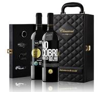 «No cobro por lo que hago cobro por lo que sé» Mensaje en una Botella. Estuche-Maletín de LUJO 2x Vino Tinto Premium Reserva 12 Meses y Set de 4 Accesorios. Etiqueta Negra PERSONALIZABLE