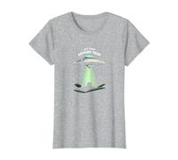 No de por aquí: Humor de Ciencia ficción para visitantes alienígenas Camiseta, Mujer, Gris Jaspeado, XS