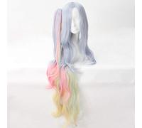 NO GAME NO LIFE Shiro Cosplay Wig Long Curly Wavy Synthetic Hair Anime Costume Party Blue Pink Yellow Mixed Claw Clip Ponytail