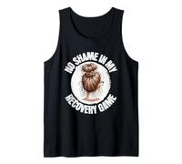 No hay vergüenza en mi recuperación Juego Chica desordenado Bun Sobriedad AA NA Camiseta sin Mangas