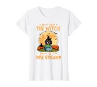 No Importa la Bruja Cuidado con el Perro Dachshund Halloween Camiseta gráfica económica, Mujer, Blanco, L
