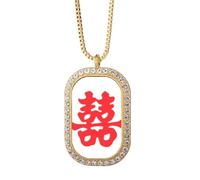 no/no Collar con colgante de doble felicidad con palabras de matrimonio y diamantes de cristal dorado