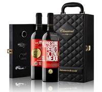 «No presumo de tener muchos amigos pero sí de tener el mejor» Mensaje en una Botella. Estuche-Maletín de LUJO 2x Vino Tinto Premium Reserva 12 Meses y Set de 4 Accesorios. Etiqueta Roja PERSONALIZABLE