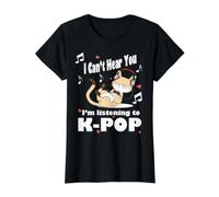 No Puedo oírte, Estoy Escuchando KPOP Kawaii Cat & Hearts Camiseta gráfica económica, Mujer, Negro, S