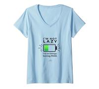 No Soy Perezoso Modo de Ahorro de energía Cita Divertida de la batería Camiseta Cuello V, Mujer, Azul Bebé, XL