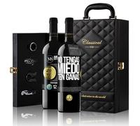 «No tengas miedo Ten ganas» Mensaje en una Botella. Estuche-Maletín de LUJO 2x Vino Tinto Premium Reserva 12 Meses y Set de 4 Accesorios. Etiqueta Negra PERSONALIZABLE