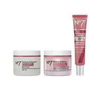 No7 Restore & Renew - Sistema de cuidado de la piel multiacción para rostro y cuello, crema de día SPF 30 con vitamina C y péptidos de colágeno + suero facial antienvejecimiento + crema de noche