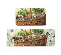 Noah'S Ark Animal World - Juego de 2 alfombras de cocina antideslizantes de madera para el suelo, antifatiga, alfombras largas para el hogar y la oficina