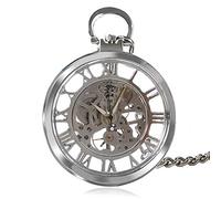 NOALED Reloj de Bolsillo Transparente con Cara Abierta, Esqueleto Hueco, Reloj de Bolsillo mecánico, Cuerda Manual, Reloj Vintage, Regalo de cumpleaños con Cadena de Bolsillo (Nu Romano Plateado)