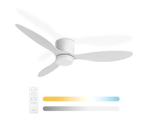 Noaton® Fornax blanco Ventilador de techo con iluminación, diámetro 132 cm, motor DC 40 W, Módulo LED regulable 22 W, 3 temperaturas de color, mando a distancia, temporizador, 185 m3/min, altura 23 cm