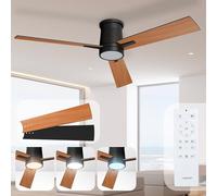 Noaton Ventilador de Techo con Mando a Distancia, Rhea, Luz Ajustable 22,9 W, Negro/Madera oscura, Ultra Silencioso, 6 Velocidades, Temporizador, 3 Palas, Función Verano-Invierno, Ø132 cm
