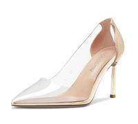 NobleOnly Mujer Aguja Alto High Heel Puntiaguada Cerrado el Dedo del pie Punta Slip-on Pumps Clásico Fiesta Oficina Zapatos 8.5 CM Heels Beige Transparente 38 EU