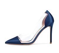 NobleOnly Mujer Aguja Alto High Heel Puntiaguada Punta Pumps Slip-on Clear de Boda Fiesta 10 CM Heels Azul Marino Satín 38 EU