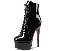 NobleOnly Mujer Aguja Alto High Plataforma Heel Redonda Punta Cordones Cremallera Dress Clásico Botines Negro Charol 38 EU