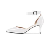 NobleOnly Mujer Aguja Gatito Bajos Heel Correa Tobillo Pumps Cerrado el Dedo del pie Puntiaguada Punta de Boda Oficina Dress Zapatos 6.5 CM Heels Blanco Charol 44 EU