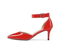 NobleOnly Mujer Aguja Gatito Bajos Heel Correa Tobillo Pumps Cerrado el Dedo del pie Puntiaguada Punta de Boda Oficina Dress Zapatos 6.5 CM Heels Rojo Charol 42 EU