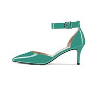 NobleOnly Mujer Aguja Gatito Bajos Heel Correa Tobillo Pumps Cerrado el Dedo del pie Puntiaguada Punta de Boda Oficina Dress Zapatos 6.5 CM Heels Turquesa Verde Charol 38 EU