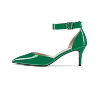 NobleOnly Mujer Aguja Gatito Bajos Heel Correa Tobillo Pumps Cerrado el Dedo del pie Puntiaguada Punta de Boda Oficina Dress Zapatos 6.5 CM Heels Verde Charol 39 EU