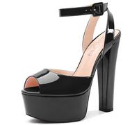 NobleOnly Mujer Alto High Chunky Ancho Plataforma Heel Abierta Punta Correa Tobillo Sandalias Baile Fiesta Dress Slingback Zapatos 15 CM Heels Negro Charol 38 EU