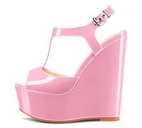 NobleOnly Mujer Alto High cuña esparto Plataforma Heel Abierta Punta Correa Tobillo T-strap Slingback Cierre con Hebilla Sandalias de Boda Fiesta Dress 15 CM Heels Zapatos Rosa Charol A 38 EU