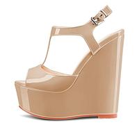 NobleOnly Mujer Alto High cuña esparto Plataforma Heel Abierta Punta Correa Tobillo T-strap Slingback Cierre con Hebilla Sandalias de Boda Fiesta Dress 15 CM Heels Zapatos Beige Charol 35 EU