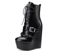 NobleOnly Mujer Cuña Plataforma Botas Tobillo Cremallera Cordones Wedge Ancho Tacón 15CM High Heels Botines Negro Mate Zapatos EU42