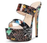 NobleOnly Mujer Plataforma Alto High Heel Redonda Abierta Punta Slip-on Mules Zapatos de Boda Fiesta Dress Baile Zapatos 15 CM Heels Garabato Negro 36 EU