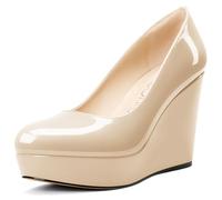 NobleOnly Mujer Plataforma cuña Esparto Pumps Slip-on Cerrado el Dedo del pie Redonda Punta Dress Casual Fiesta Zapatos 10 CM Heels Desnudo 41 EU