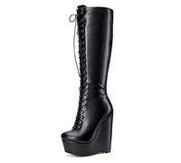 NobleOnly Zapatos de Tacón Mujer Altura de Pantorrilla Plataforma Cuña Botas 16CM Wedge High Heels Negro Mate Zapatos EU 40