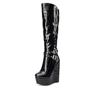 NobleOnly Zapatos de Tacón Mujer Altura de Pantorrilla Plataforma Cuña Botas 16CM Wedge High Heels Negro Mate Enrejado Zapatos EU 39