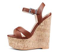 NobleOnly Zapatos de Tacón Mujer Cuña Sandalias Moda Slingback Plataforma 16CM Wedge High Heels Marrón Mate Zapatos EU 39