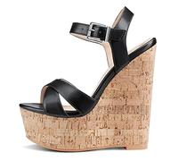 NobleOnly Zapatos de Tacón Mujer Cuña Sandalias Moda Slingback Plataforma 16CM Wedge High Heels Negro Mate Zapatos EU 40