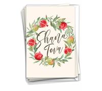 NobleWorks - Juego de 12 tarjetas de felicitación Rosh Hashanah con sobres de 5 x 7 pulgadas (1 diseño, 12 cada uno) corona de granada C7764RHG-B12x1