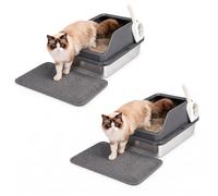 Nobleza 2 x Arenero de Acero Inoxidable para Gatos con Pared Alta， Diseño Anti-Salpicaduras， Kit Completo con Alfombra de Nido de Abeja y Pala， 61 * 40.5 * 31cm， Plata/Gris