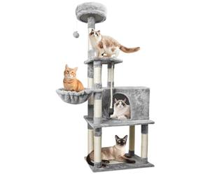 Nobleza - Árbol para Gatos, Altura 148 cm, con 9 Postes Rascadores, 4 Plataformas, 1 Cueva,1 Hamacas, Pompón, Cuerda de sisal, Tela de Felpa, Rascador Multinivel para Gatos Grandes, Gris