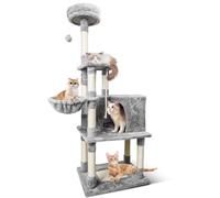 Nobleza - Árbol para Gatos, Altura 168 cm, con 9 Postes Rascadores, 4 Plataformas, 1 Cueva,1 Hamacas, Pompón, Cuerda de sisal, Tela de Felpa, Rascador Multinivel para Gatos Grandes, Gris