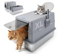 Nobleza Arenero de Acero Inoxidable para Gatos Cerrado - Caja de Arena Anti-Olores con Tapa Abatible 120°, Doble Entrada y Sistema Antifugas, 60x40x43cm, Incluye Pala de Limpieza