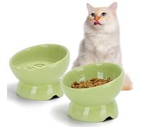 Nobleza - Comedero Cerámico Elevado para Gatos con Inclinación de 15° para Reducir Presión del Cuello y Prevenir Vómitos, 2 Unidades, Verde
