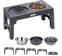 Nobleza Comedero Elevado Ajustable para Perro, 3 Comederos Antivoracidad y Antigoteo de Acero Inoxidable, 1 x 800ml y 1 x 1100ml, Gris