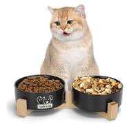 Nobleza Comedero para Perros y Gatos de Cerámica 900ml - 2 Cuencos con Soporte de Bambú Antideslizante, Plato para Comida y Agua, Ideal para Gatos, Perros(Negro)