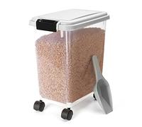 Nobleza - Contenedor de Comida para Mascotas 20L, Mascotas Caja de Alimentos con Ruedas, Tapa abatible, hermética, Transparente, Ruedas y Pala, para Perros y Gatos, Gris