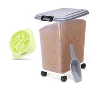 Nobleza - Contenedor de Comida para Mascotas 30L, Mascotas Caja de Alimentos con Ruedas, Tapa abatible, hermética, Transparente, Ruedas y Pala, con un tazón de Comida Lenta, para Perros y Gatos, Gris