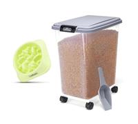 Nobleza - Contenedor de Comida para Mascotas 40L, Mascotas Caja de Alimentos con Ruedas, Tapa abatible, hermética, Transparente, Ruedas y Pala, con un tazón de Comida Lenta, para Perros y Gatos, Gris