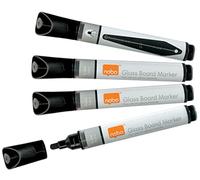 Nobo Rotuladores de Tinta Líquida para Pizarra de Cristal, Punta Redondeada de 3mm, 4 Rotuladores de Pizarra, Borrado en Seco, Negro, 1905322