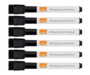 Nobo Rotuladores Pequeños de Pizarra con Capuchón de Borrado Imantado, Punta Fina de 2mm, Pack de 6, Borrado en Seco, Sin Olor, Negro, 2104184
