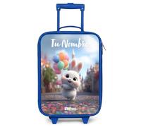 NoBoringSuitcases.com® Maleta Infantil Azul Personalizado con Nombre 48x31x19 cm Maletas De Viaje Cabina Trolley con Ruedas LED Rigida Ultraligero - Niñas - Conejo - Globos